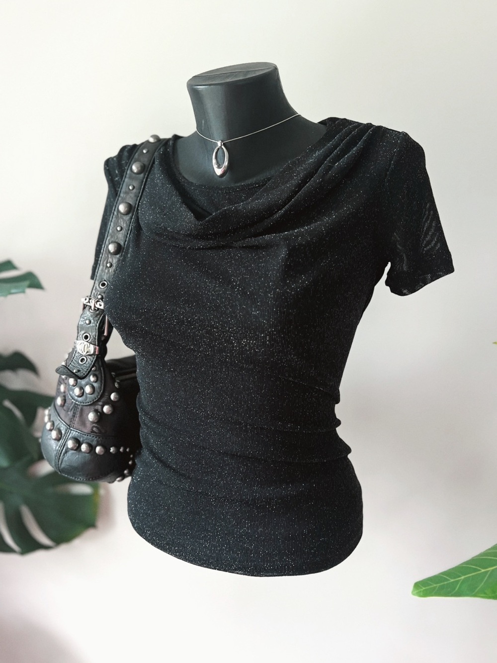 2004 Vintage Suzy Shier | Black Sparkle Cowl Neck Top
